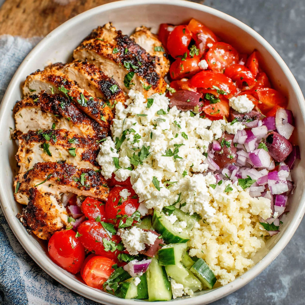 A bowl of food with chicken, tomatoes, onions, and feta cheese.