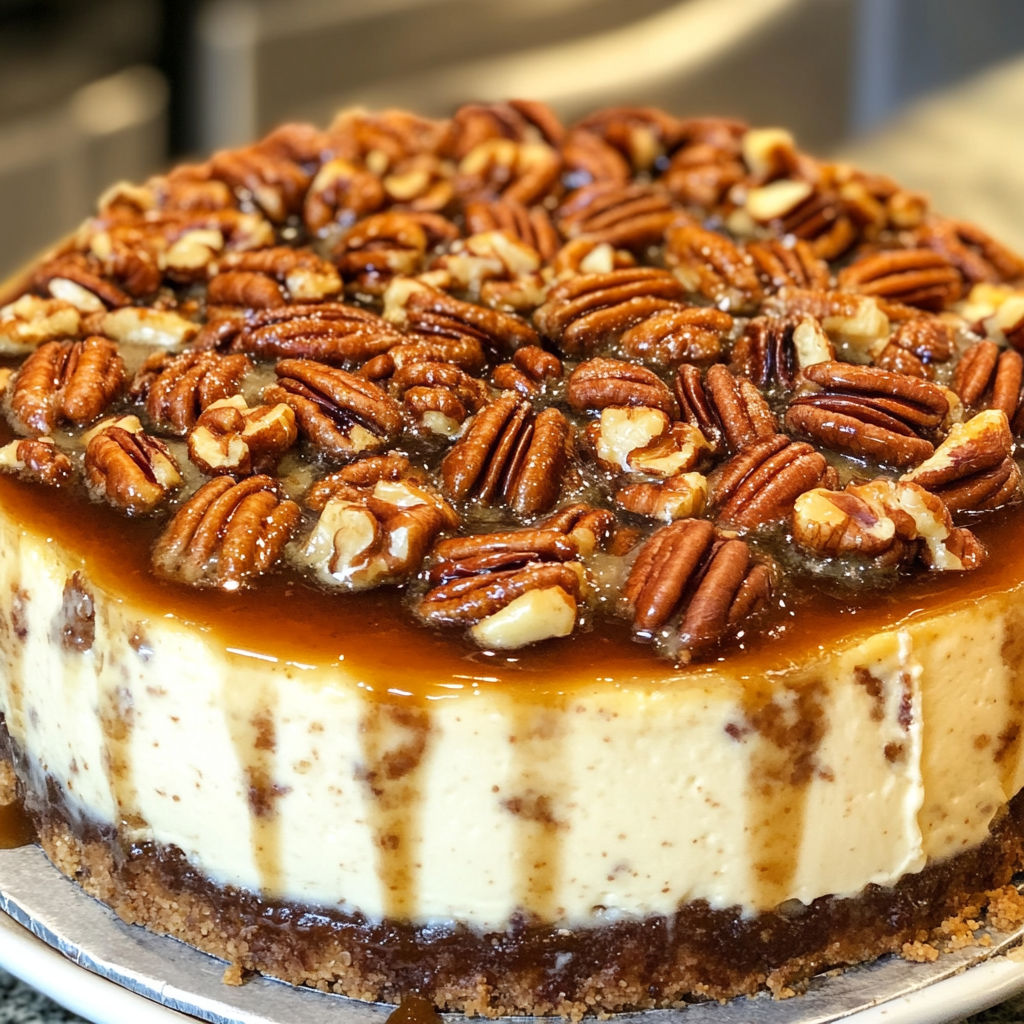 A slice of cake with pecans on top.