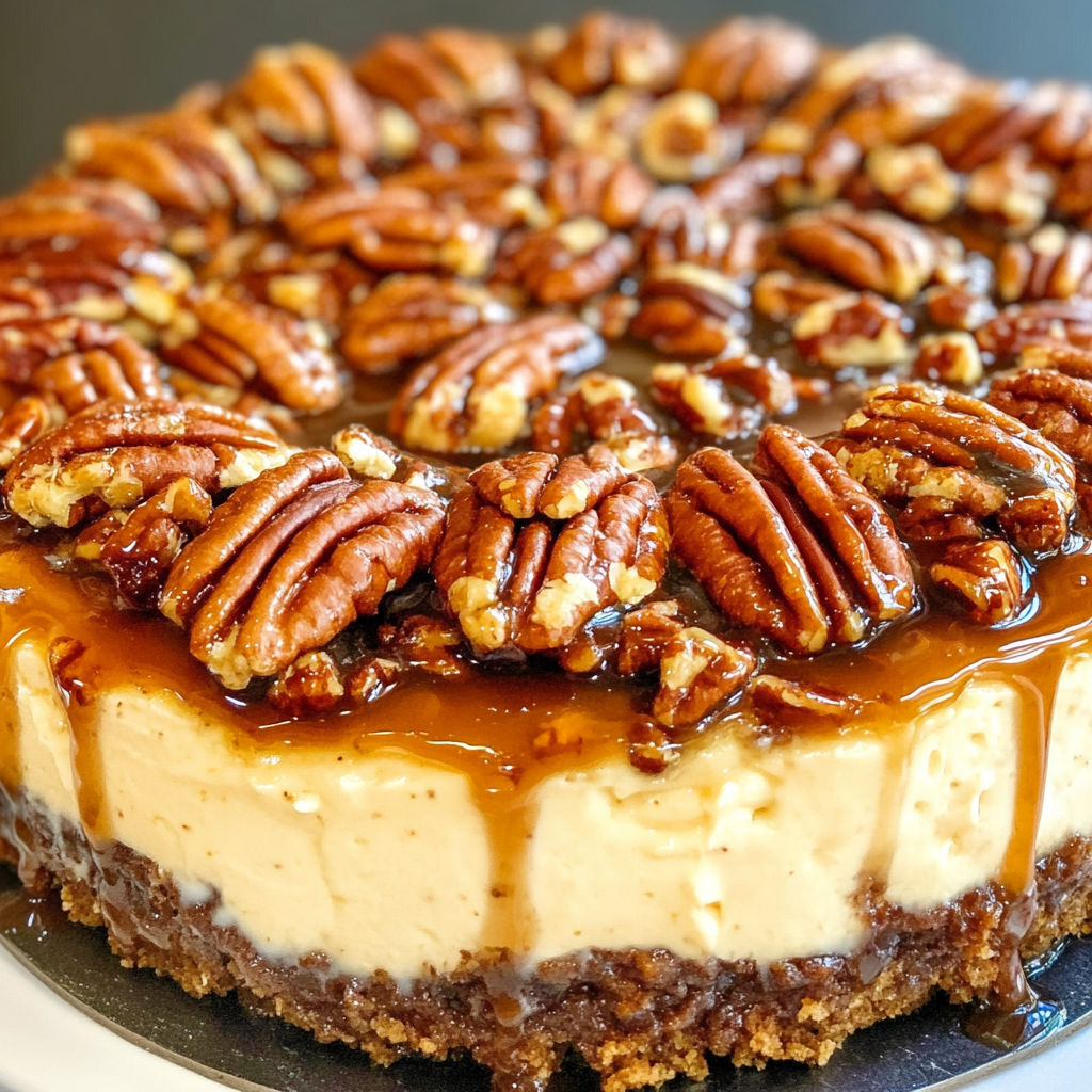 A slice of pecan pie with a caramel sauce.