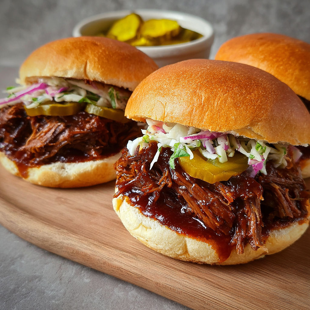 Two BBQ Pulled Beef Sandwiches on a wooden tray.