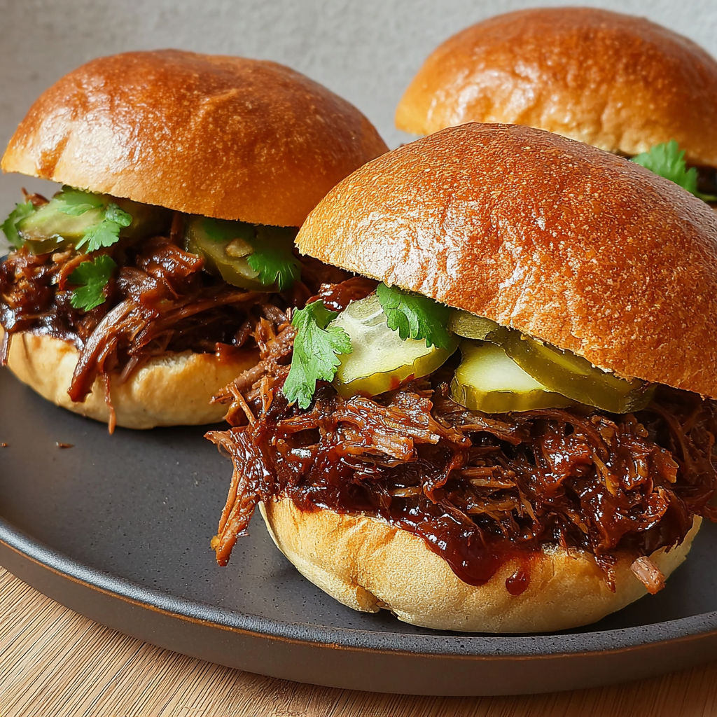 Two BBQ Pulled Beef Sandwiches on a plate.