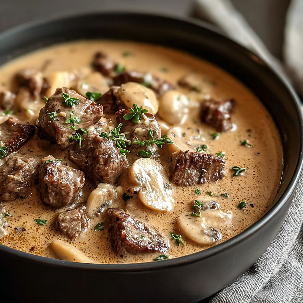 A bowl of beef stroganoff stew with mushrooms and green onions.