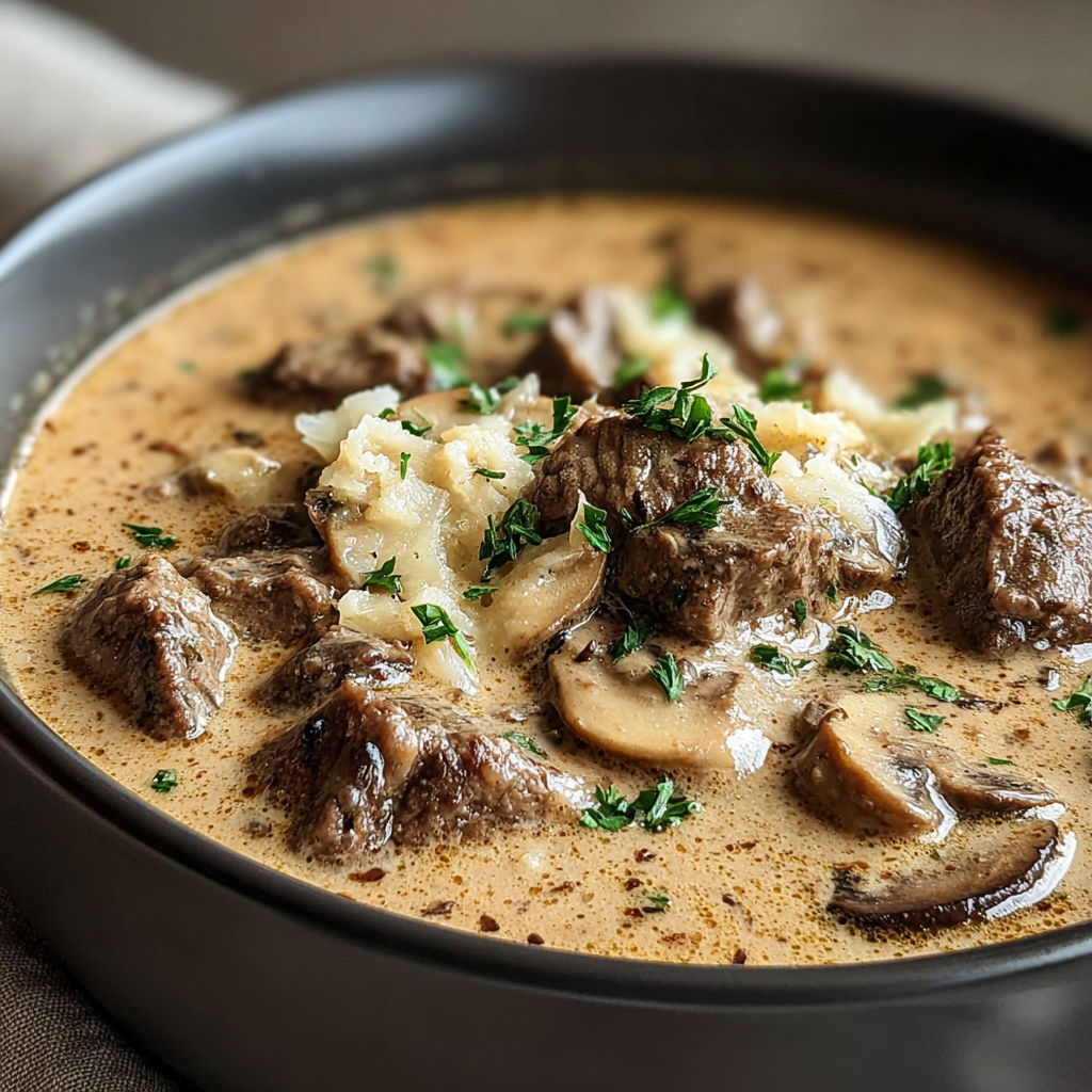 A bowl of beef stroganoff stew with mushrooms and onions.