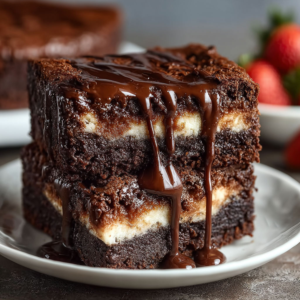 A slice of chocolate cheesecake brownie cake.