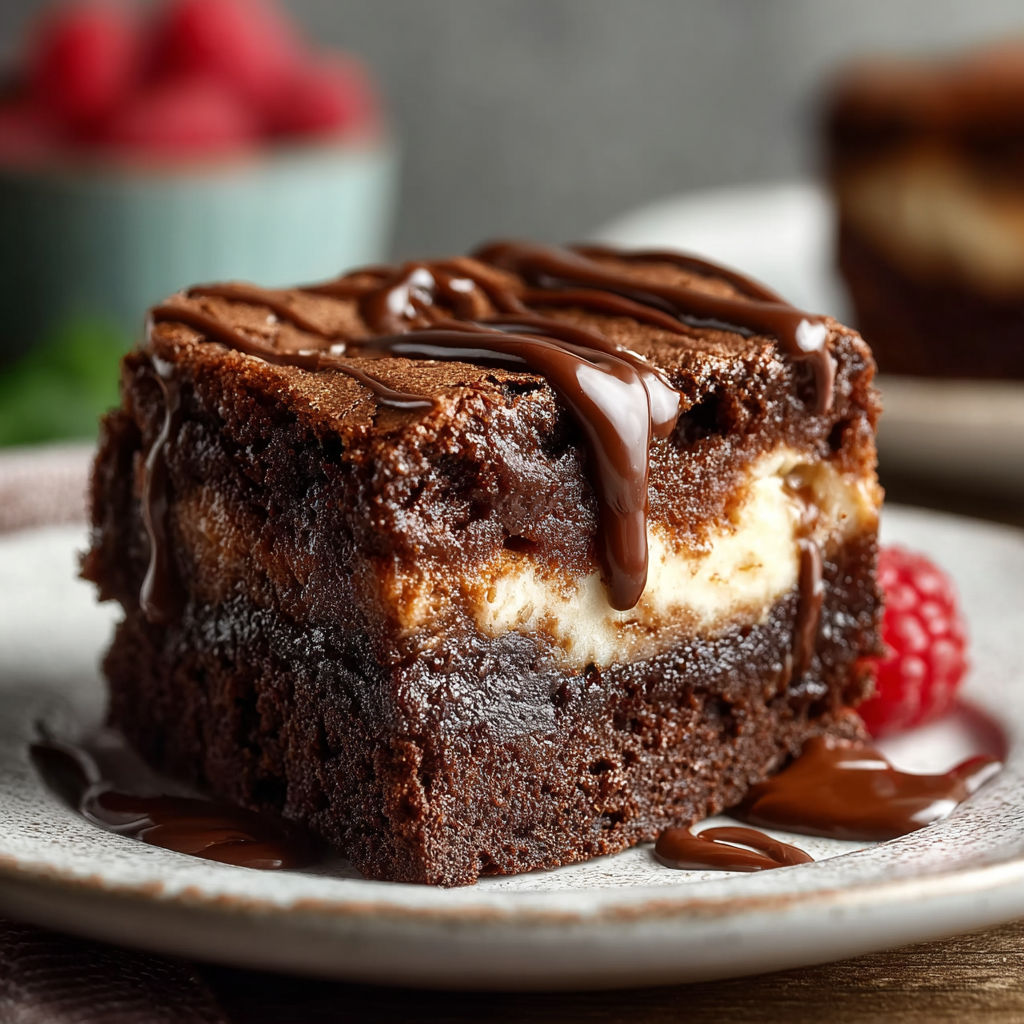 A chocolate dessert with chocolate drizzle and raspberries.