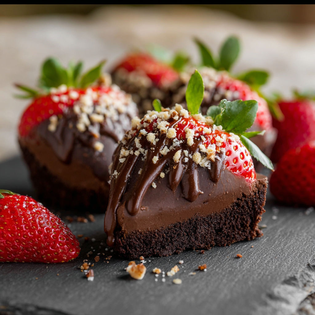 A chocolate dessert with strawberries on top.