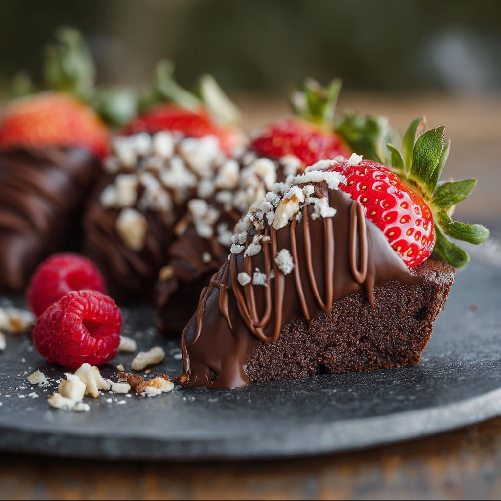 A chocolate dessert with strawberries on top.