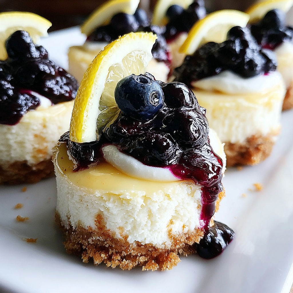 Mini lemon cheesecakes with blueberry sauce.