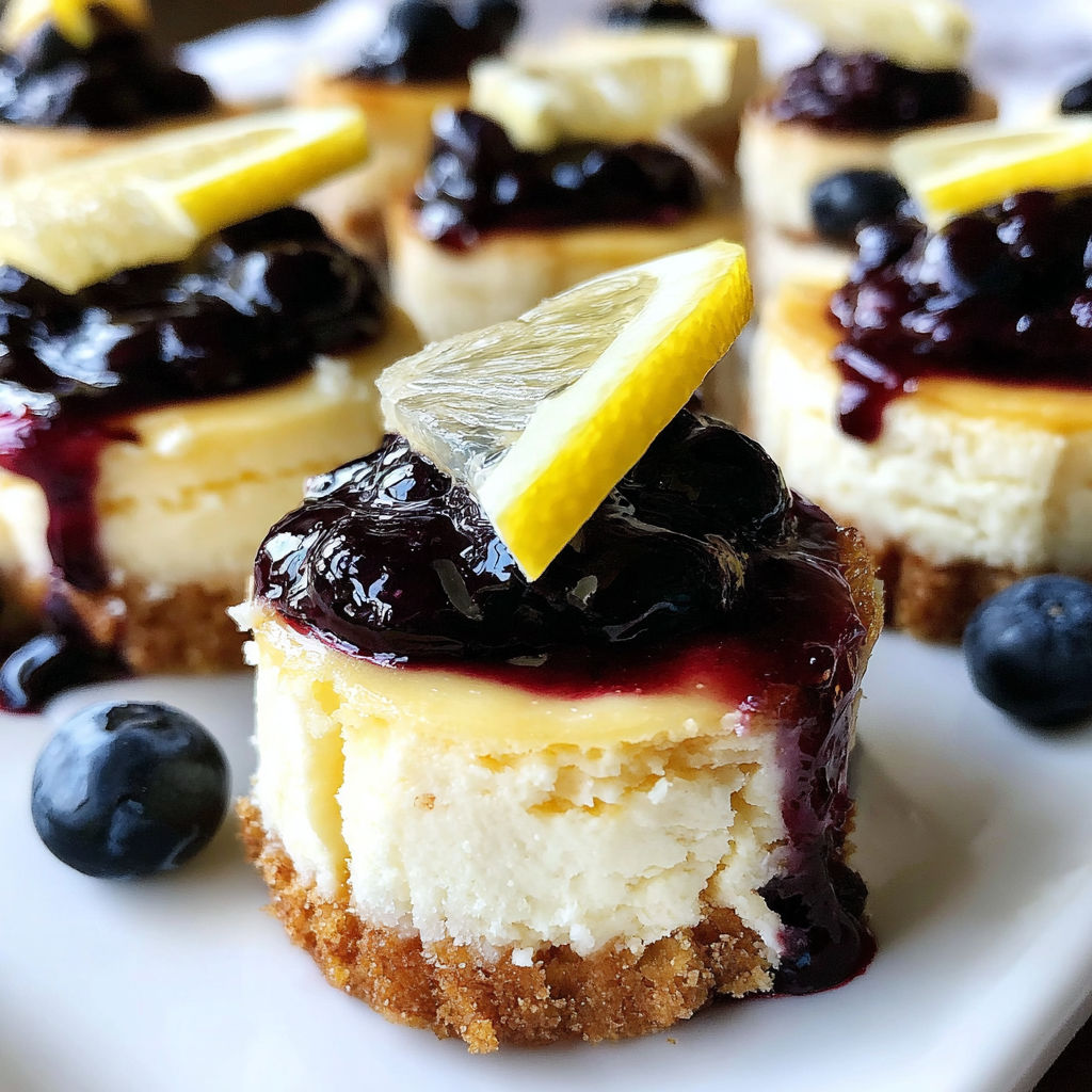 Mini lemon cheesecakes with blueberry sauce.