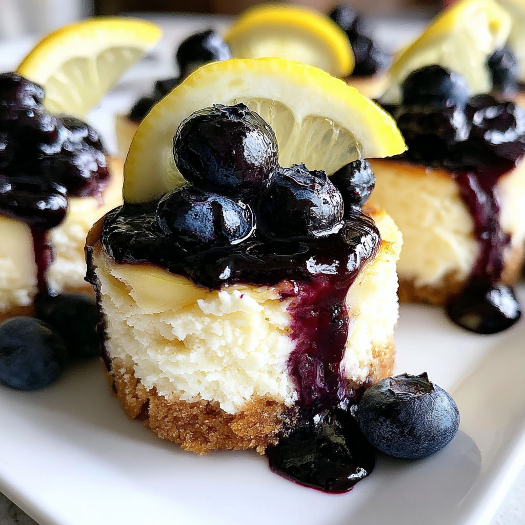 Mini lemon cheesecakes with blueberry sauce.