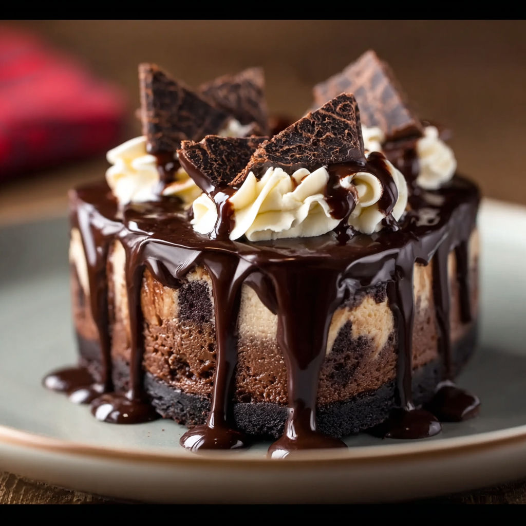 A close up of a chocolate cake with white icing and chocolate drizzle.
