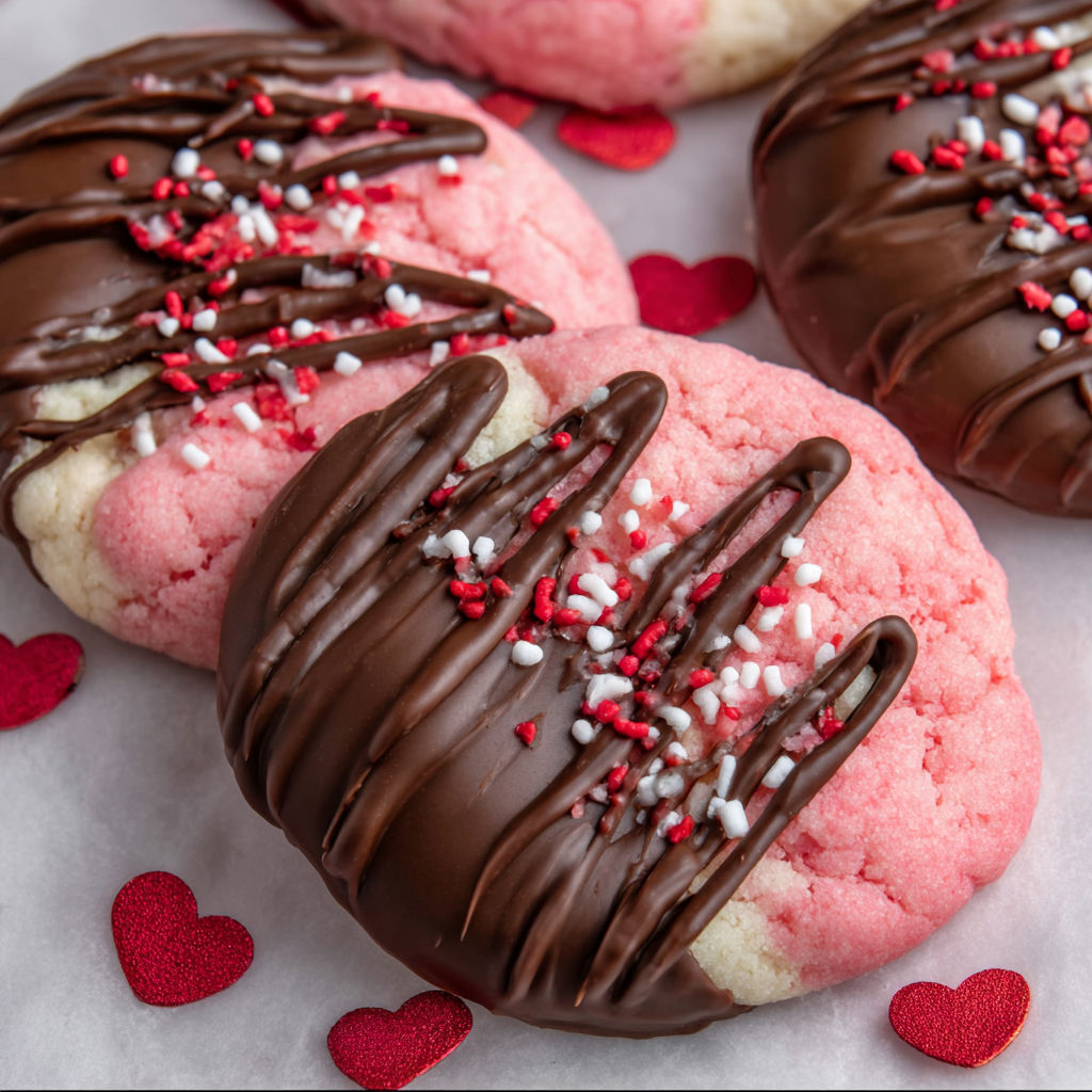 A close up of a chocolate covered strawberry cookie.
