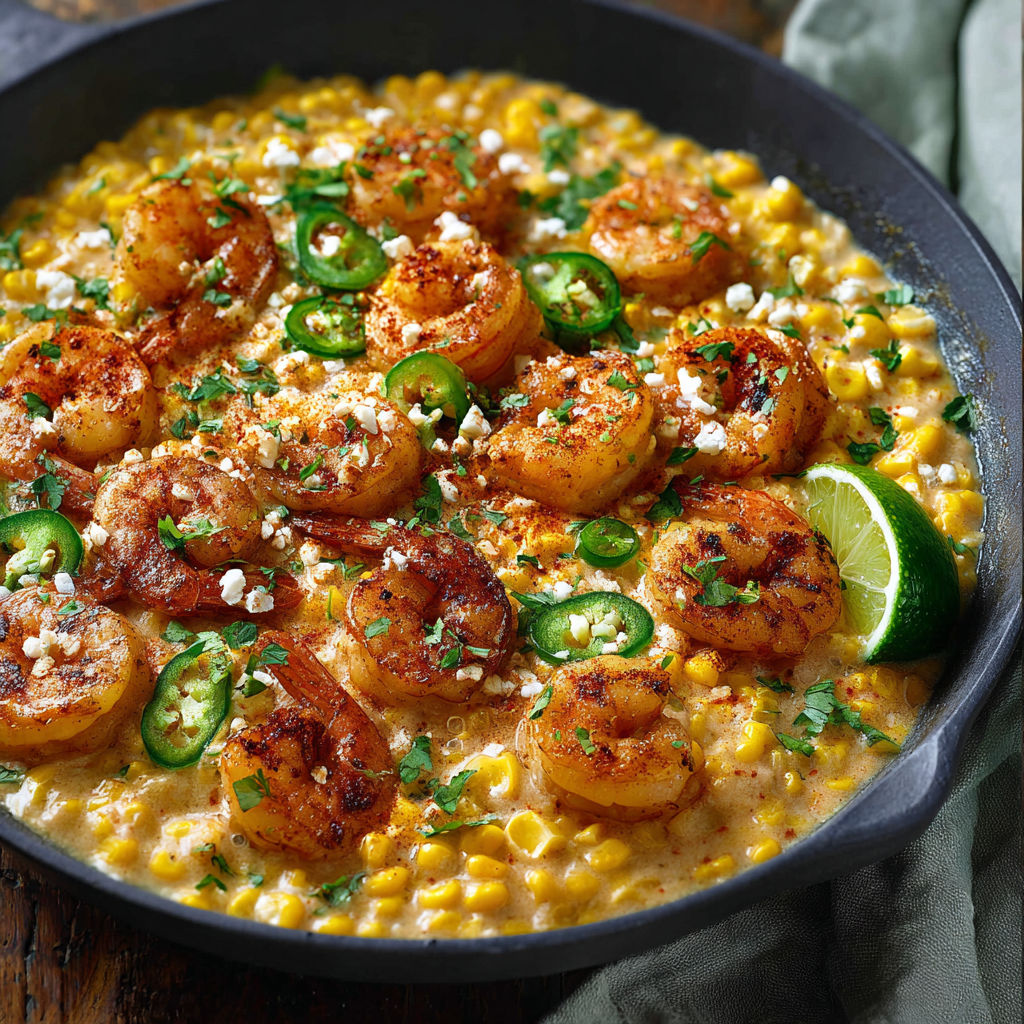 A dish of shrimp and creamed corn.