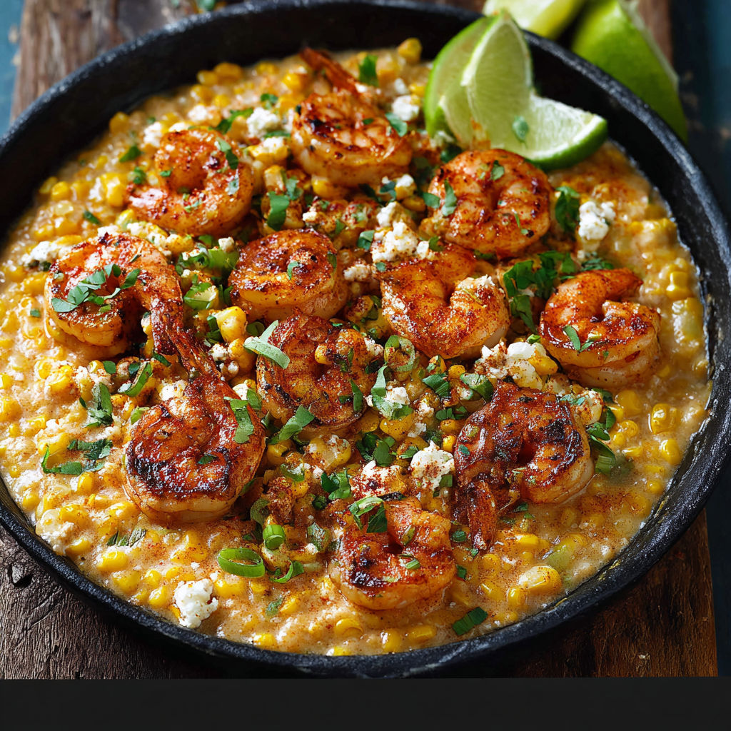 A bowl of shrimp and creamed corn.