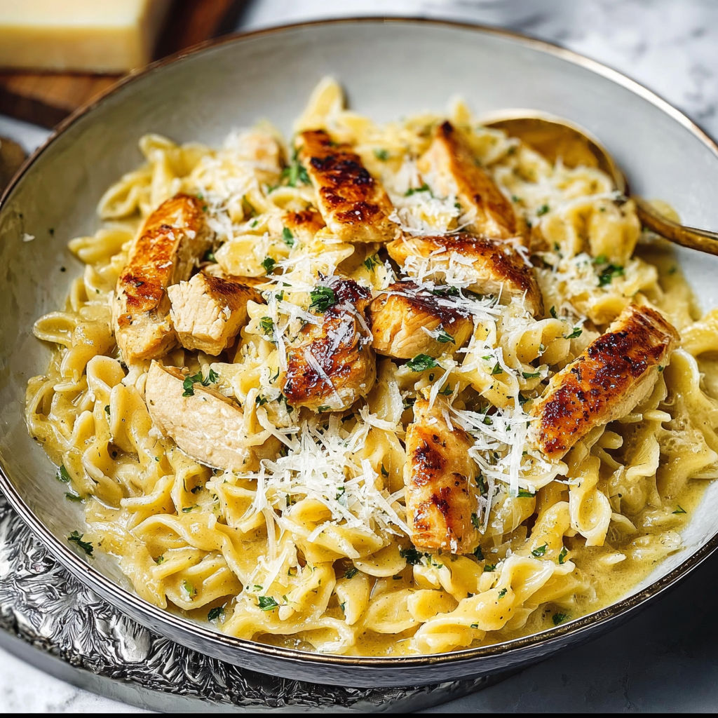 A plate of garlic Parmesan chicken pasta.