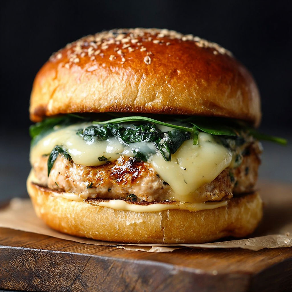 A burger with cheese and spinach on a bun.