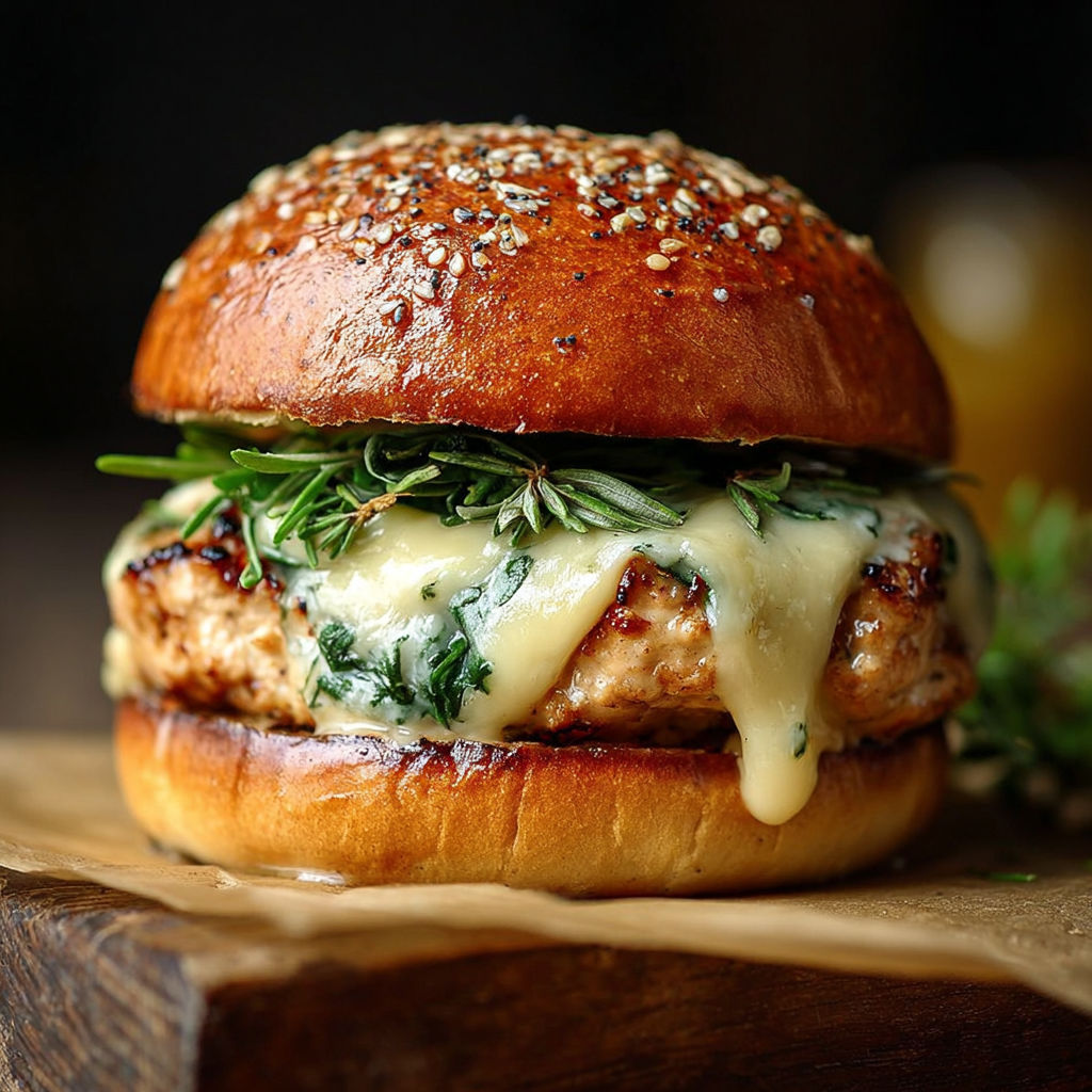 A burger with cheese and herbs on top.