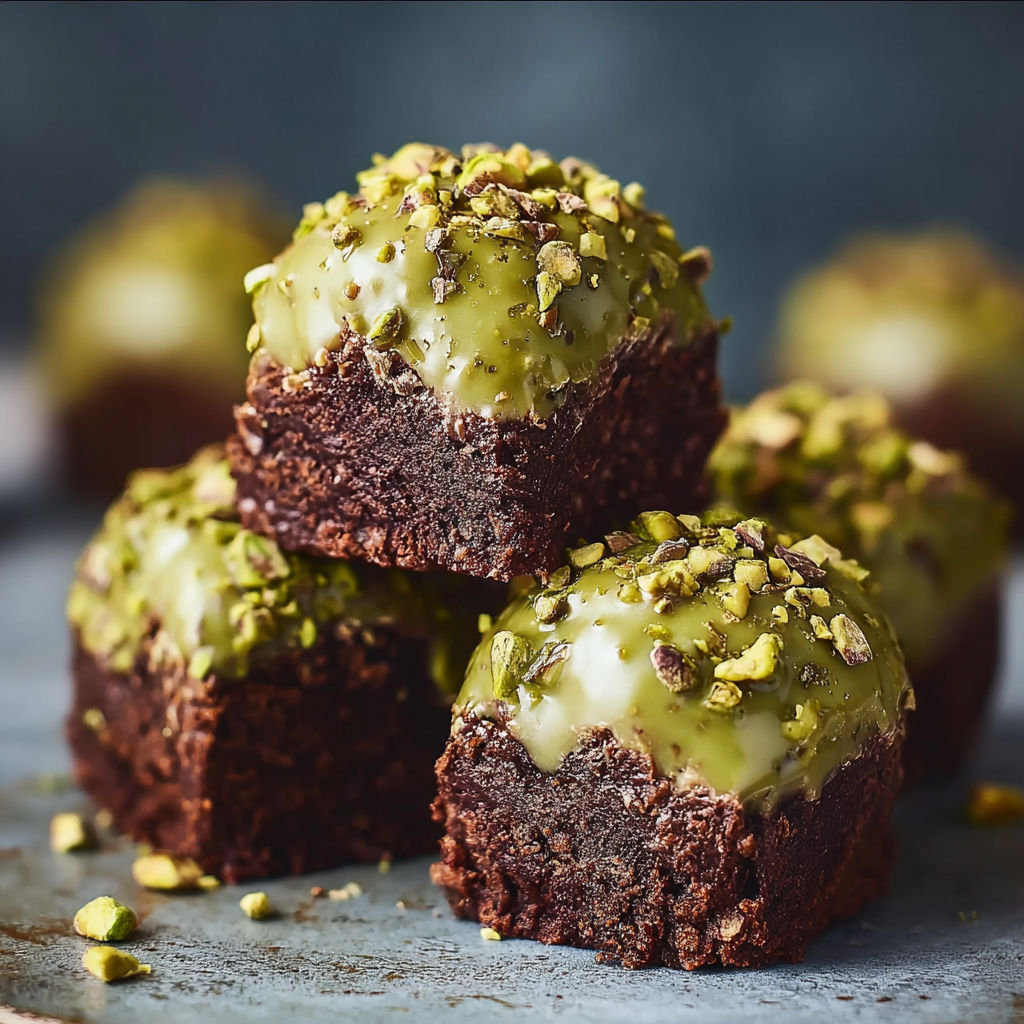 A close up of a delicious chocolate dessert with pistachio topping.
