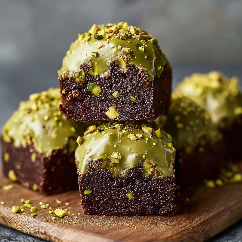 A stack of brownies with pistachio topping.
