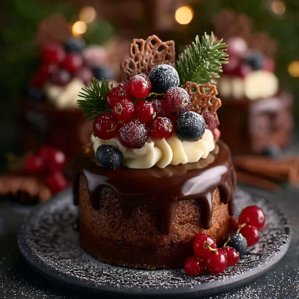 A chocolate cake with berries and chocolate ganache.