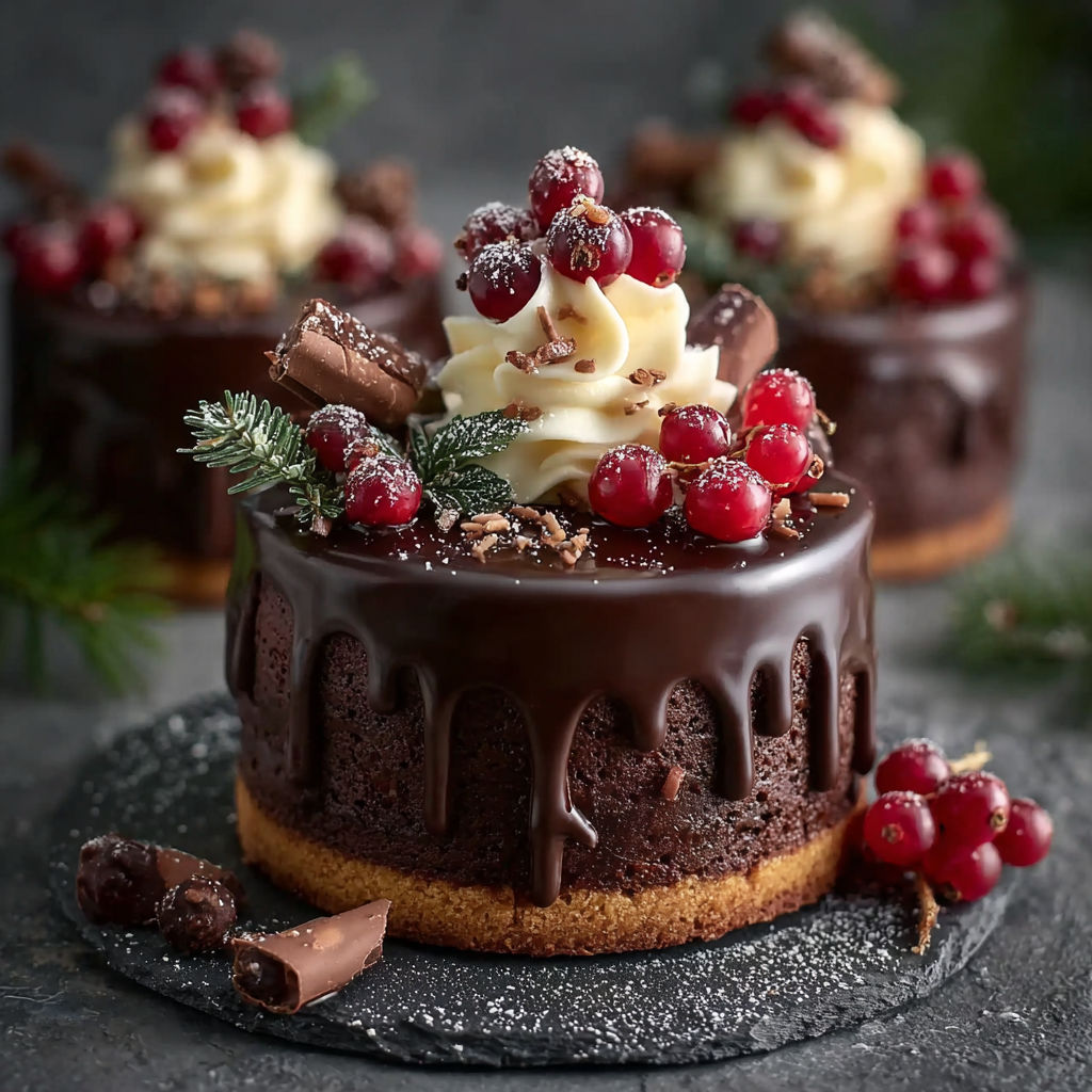A chocolate cake with white frosting and red berries.