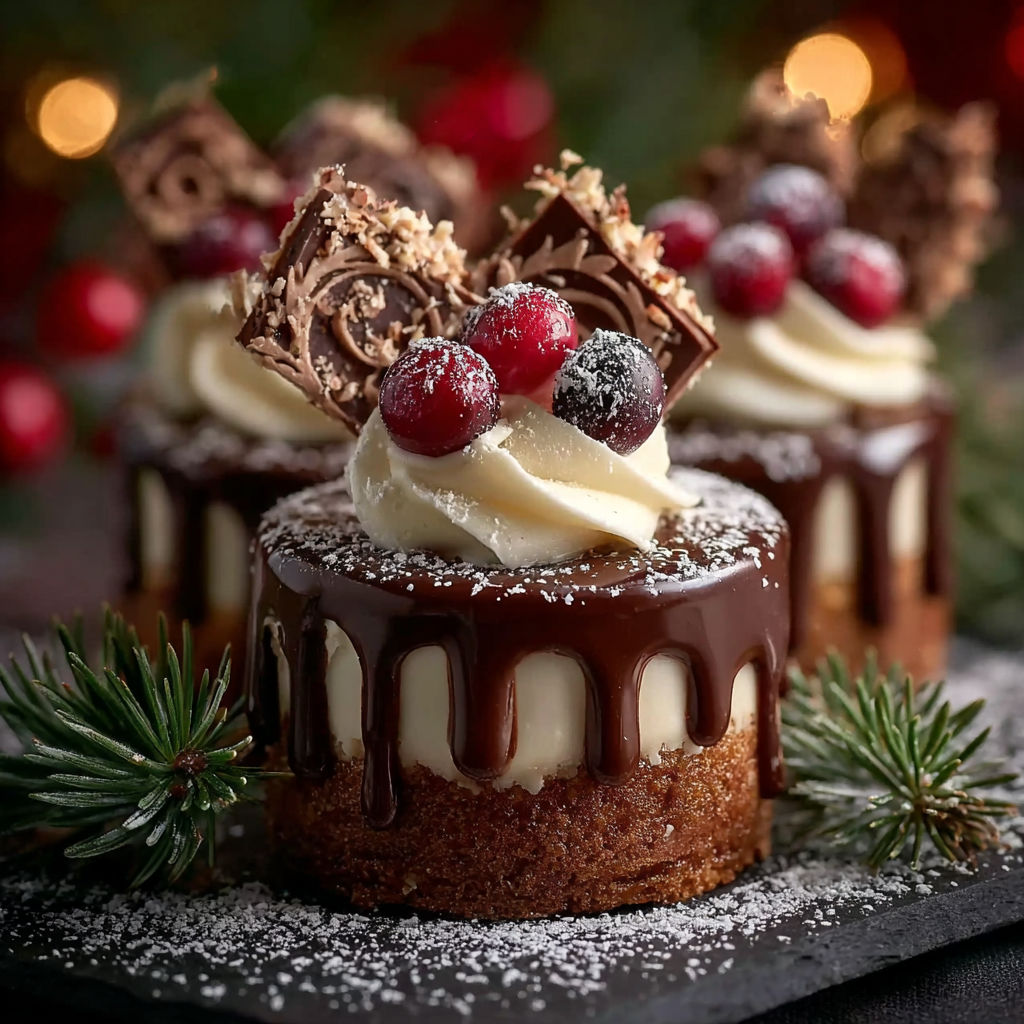 A chocolate cake with white frosting and red berries.