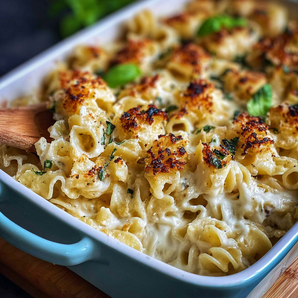 A dish of pasta with cheese and breadcrumbs.