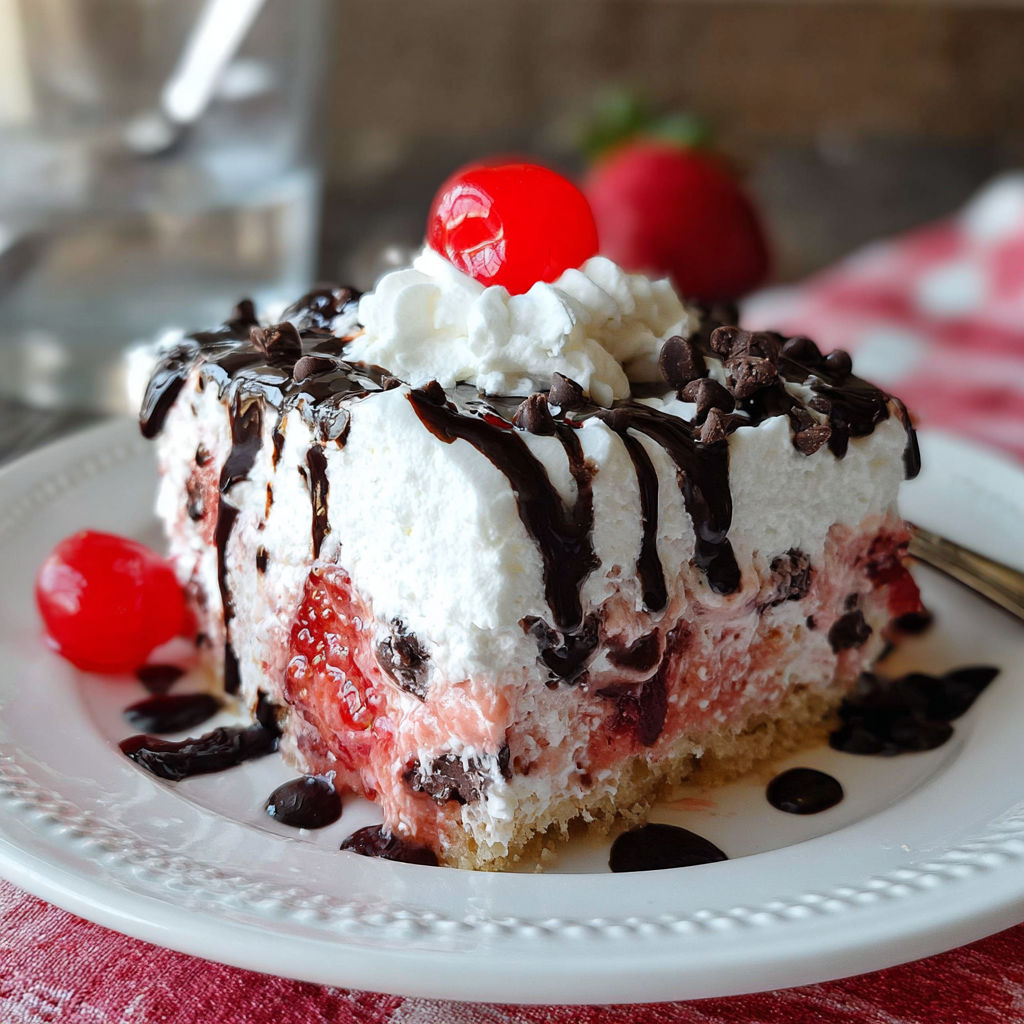 A slice of strawberry chocolate chip poke cake on a plate.