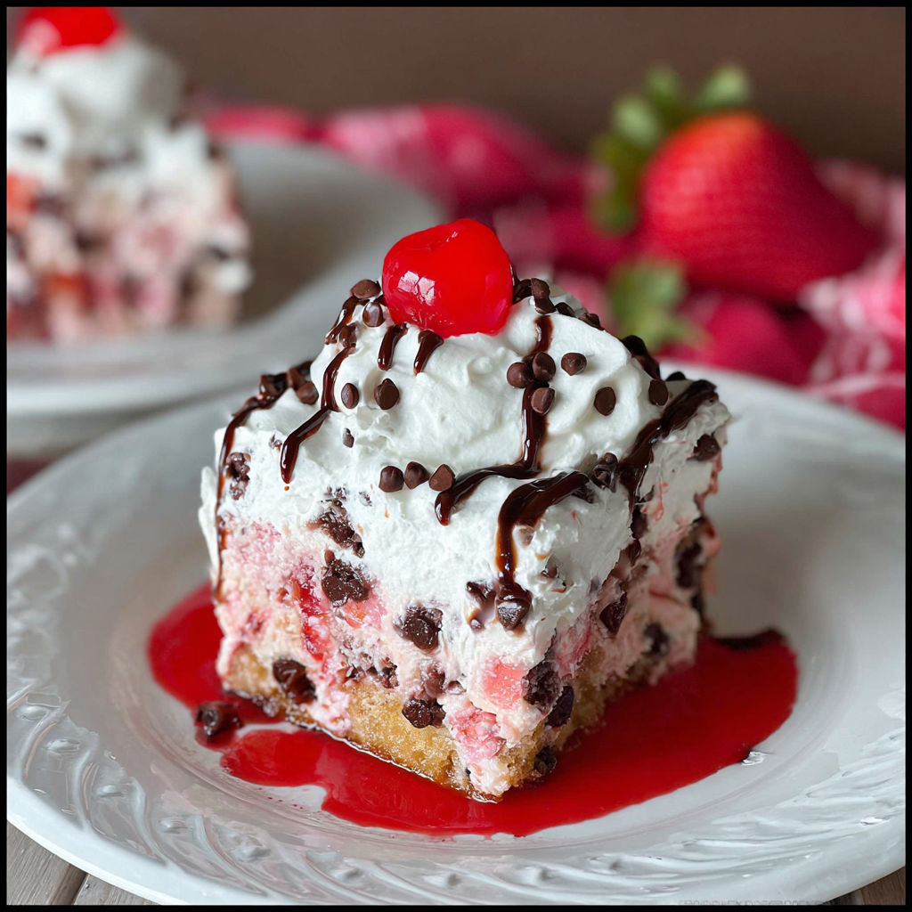 A slice of cake with chocolate and white frosting and a cherry on top.