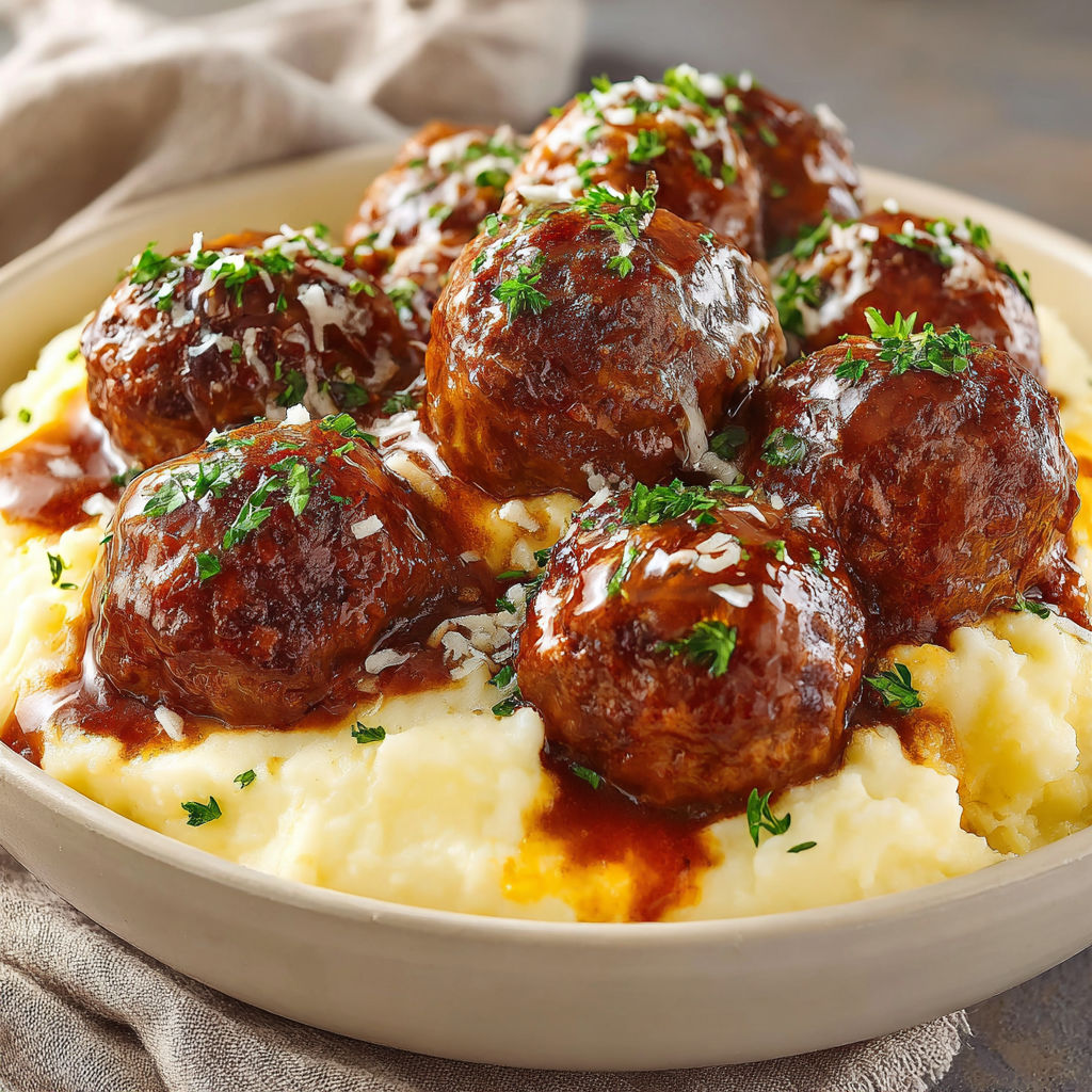 A plate of meatballs covered in gravy.