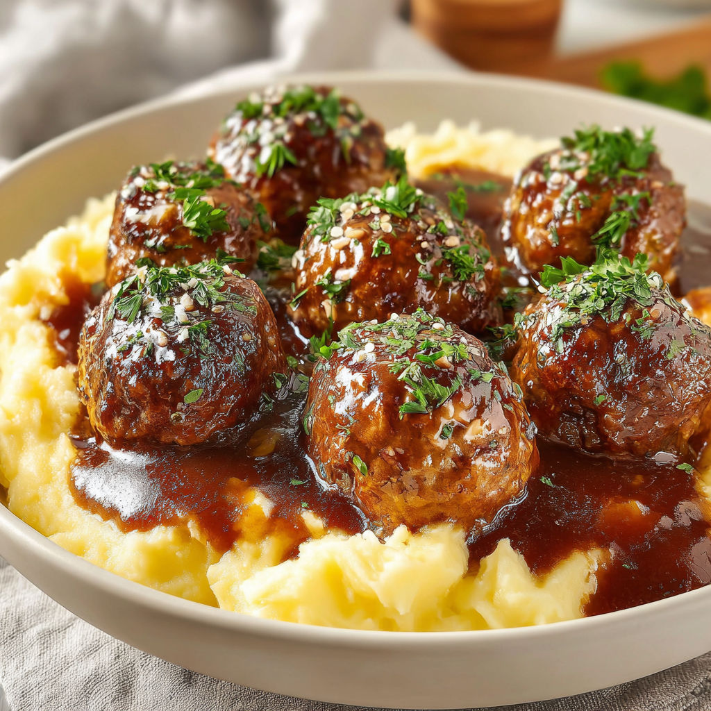 A plate of meatballs covered in gravy.