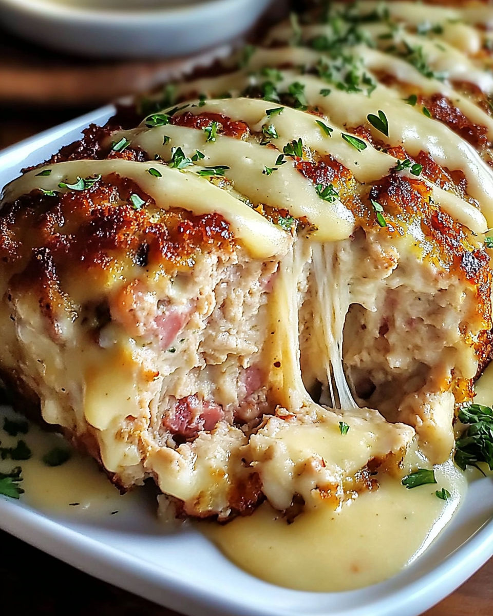 A plate of food with a cheese sauce.