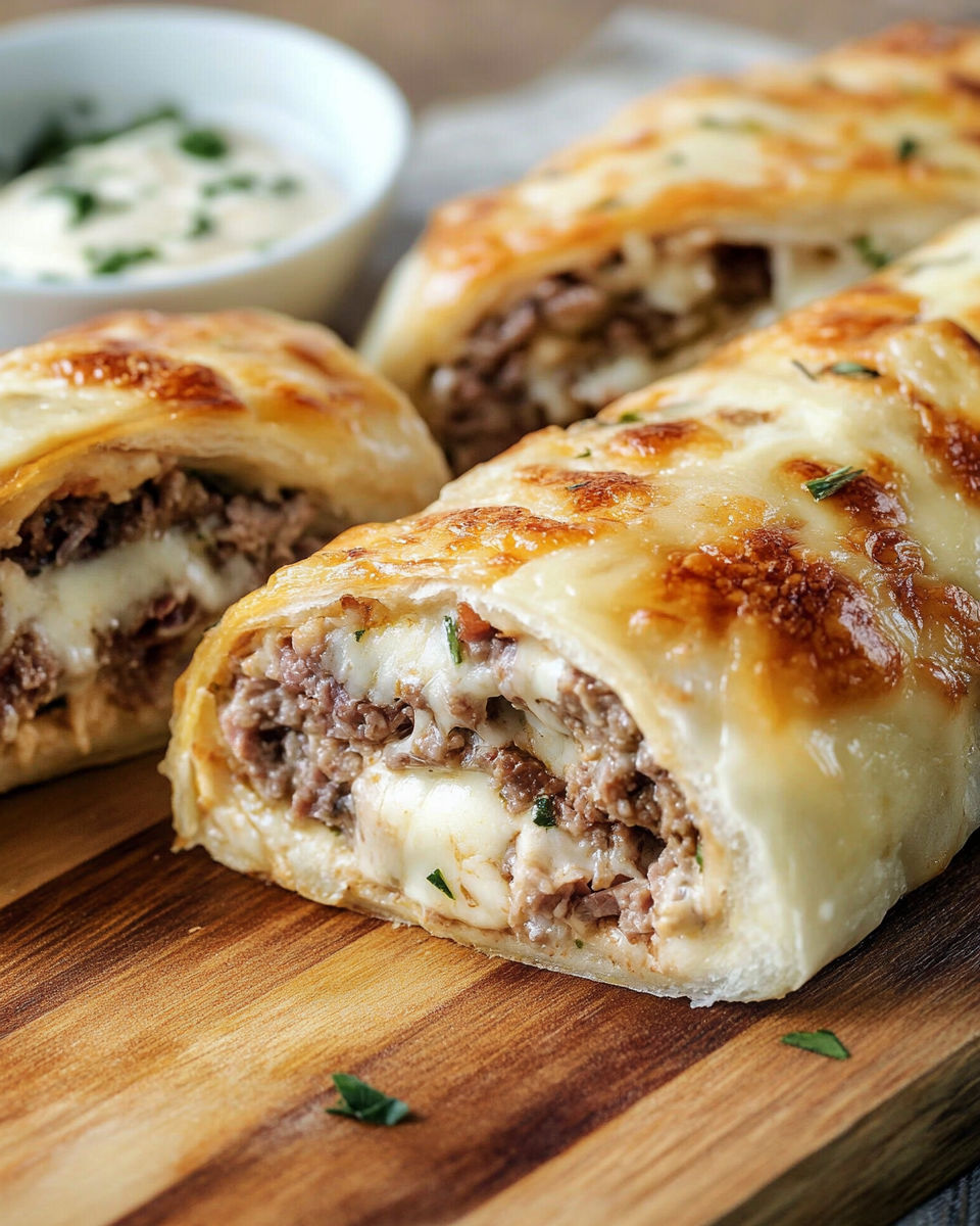 A Philly Cheesesteak Stromboli is shown on a wooden cutting board.