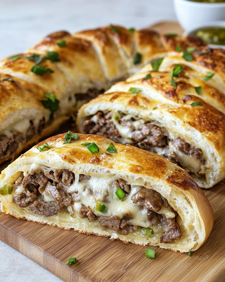 A pastry with meat and cheese on it.