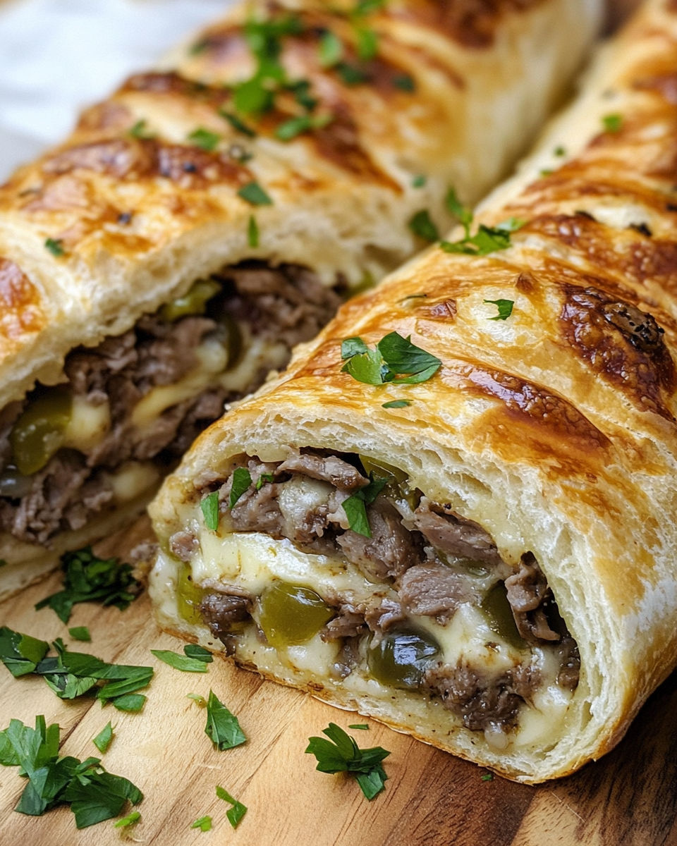 A pastry with meat and cheese inside.