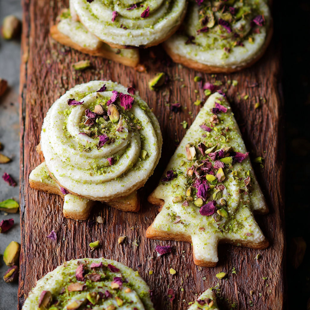 A wooden board with cookies shaped like a christmas tree.