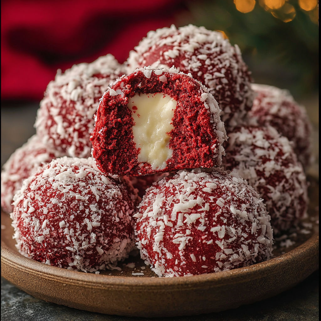 Red Velvet Snowball Cookies with White Chocolate Filling