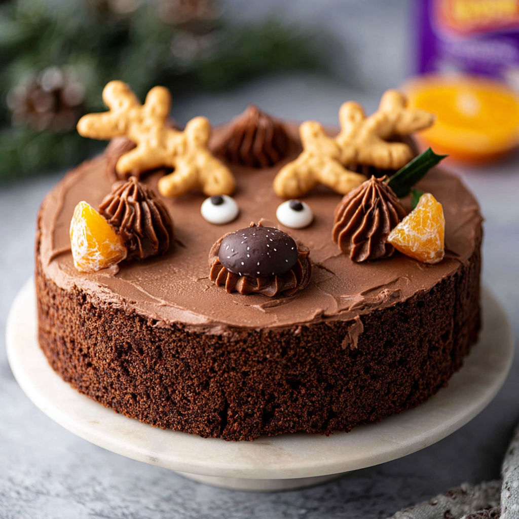 A chocolate cake with orange slices on top.