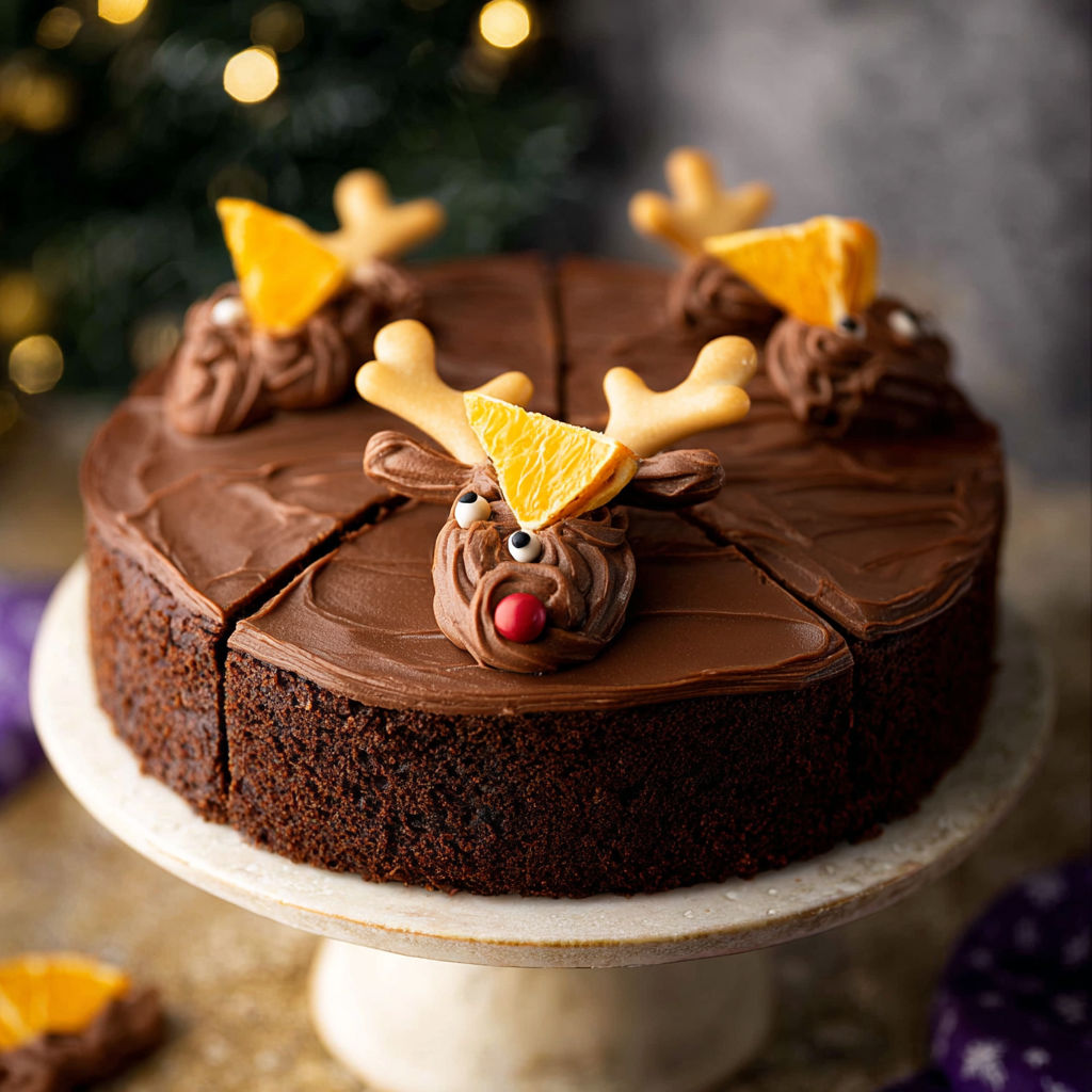 A chocolate cake with a reindeer on top.