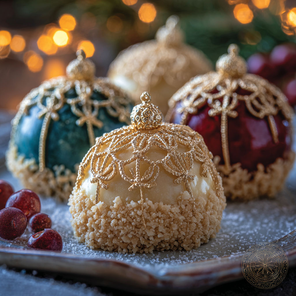 Three ornament mousse balls on a plate.