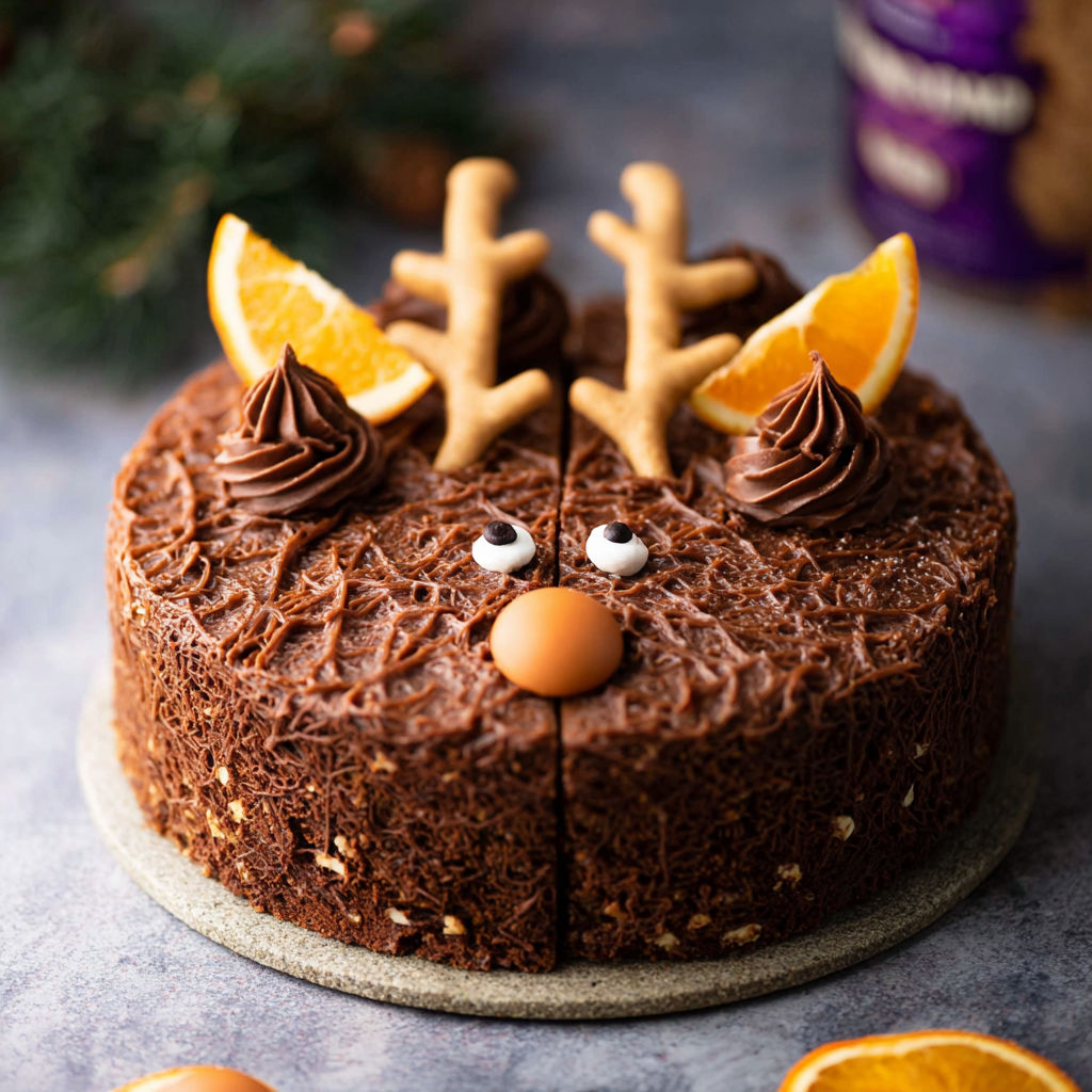 A chocolate cake with a frosting face and a slice missing.