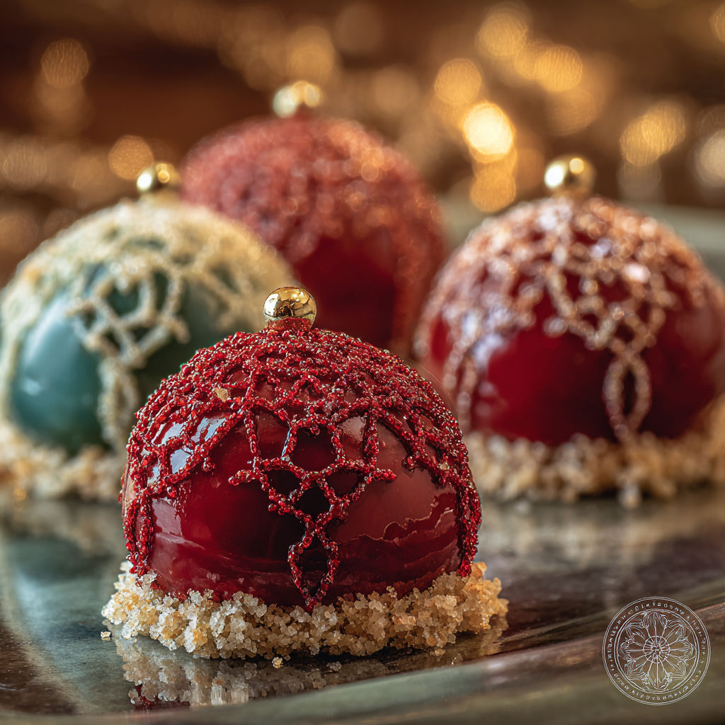 Three Christmas ornaments with gold balls on top.