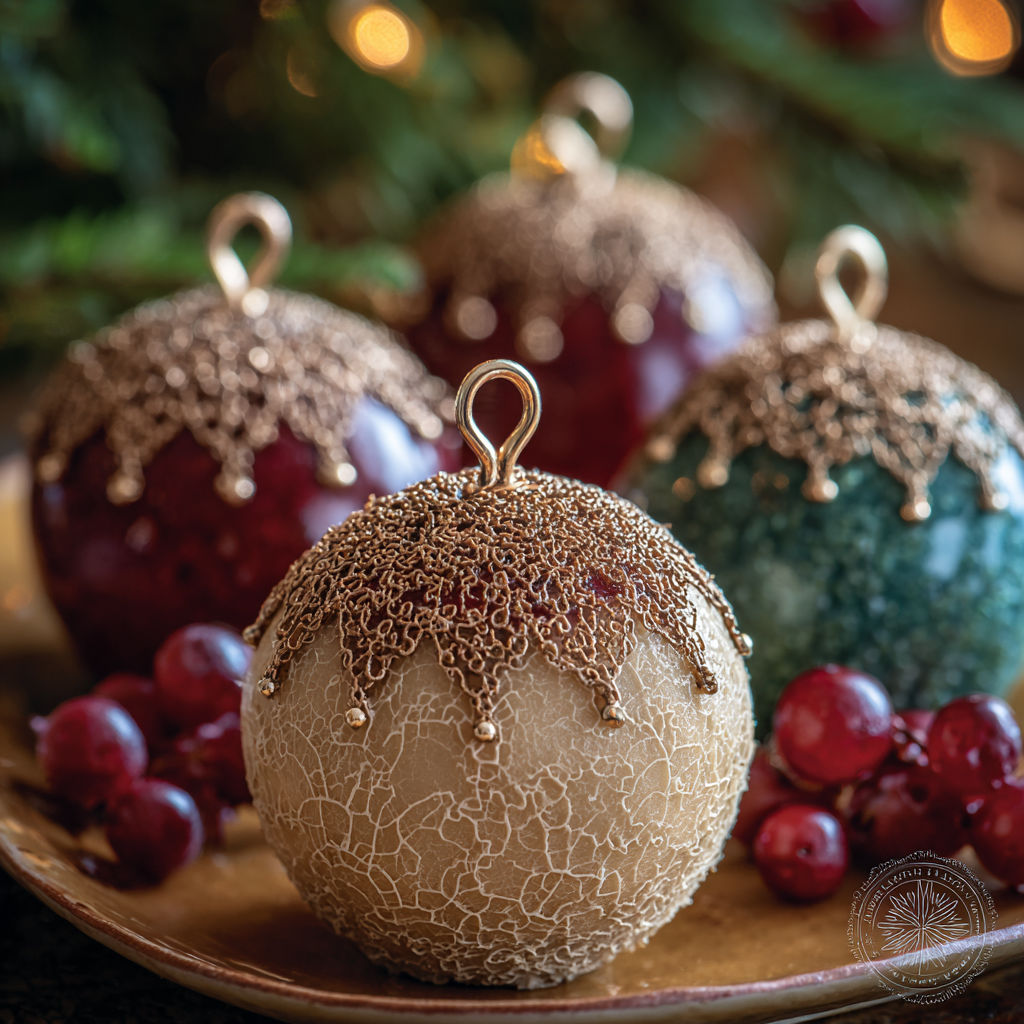Three ornaments on a plate.