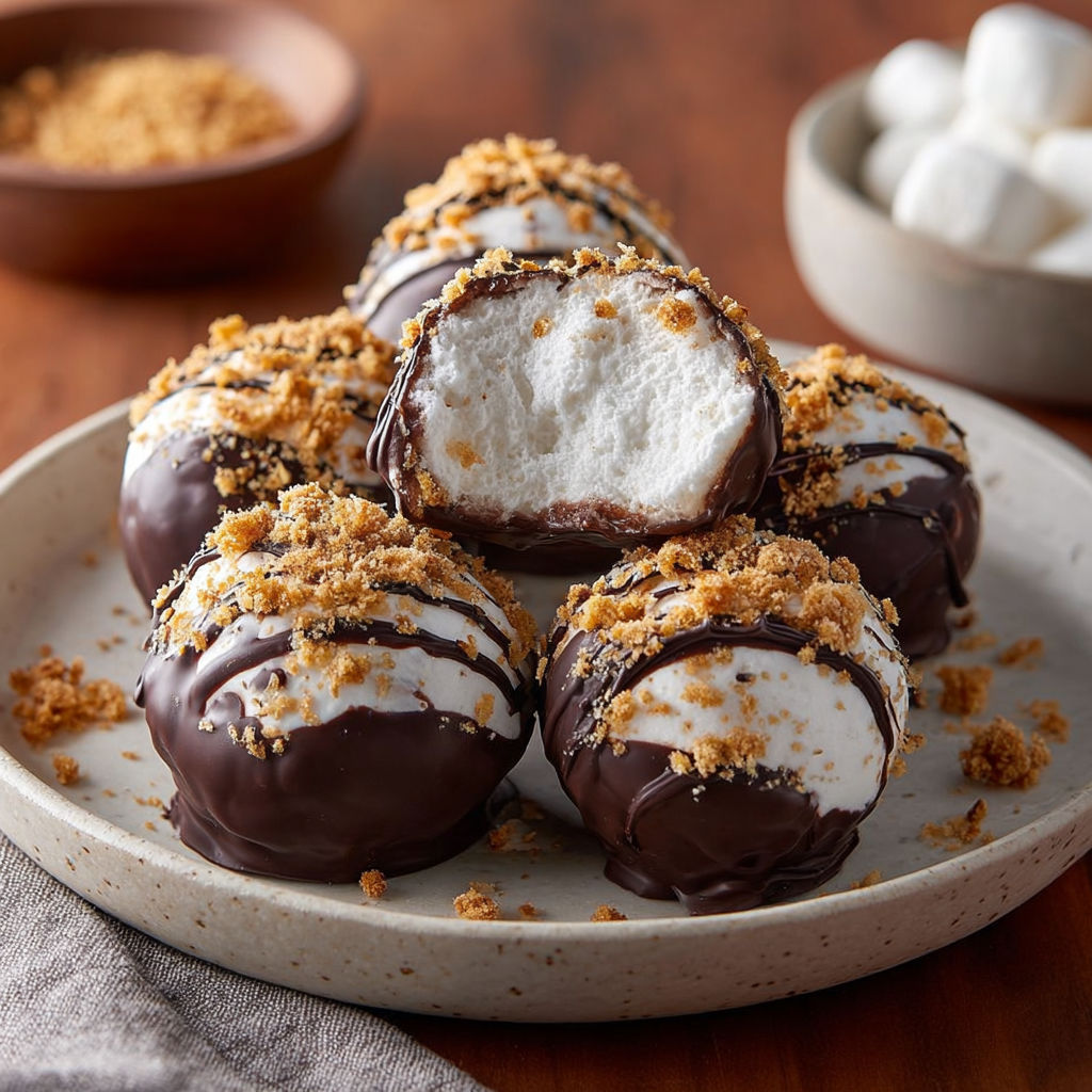 A plate of chocolate covered marshmallows.