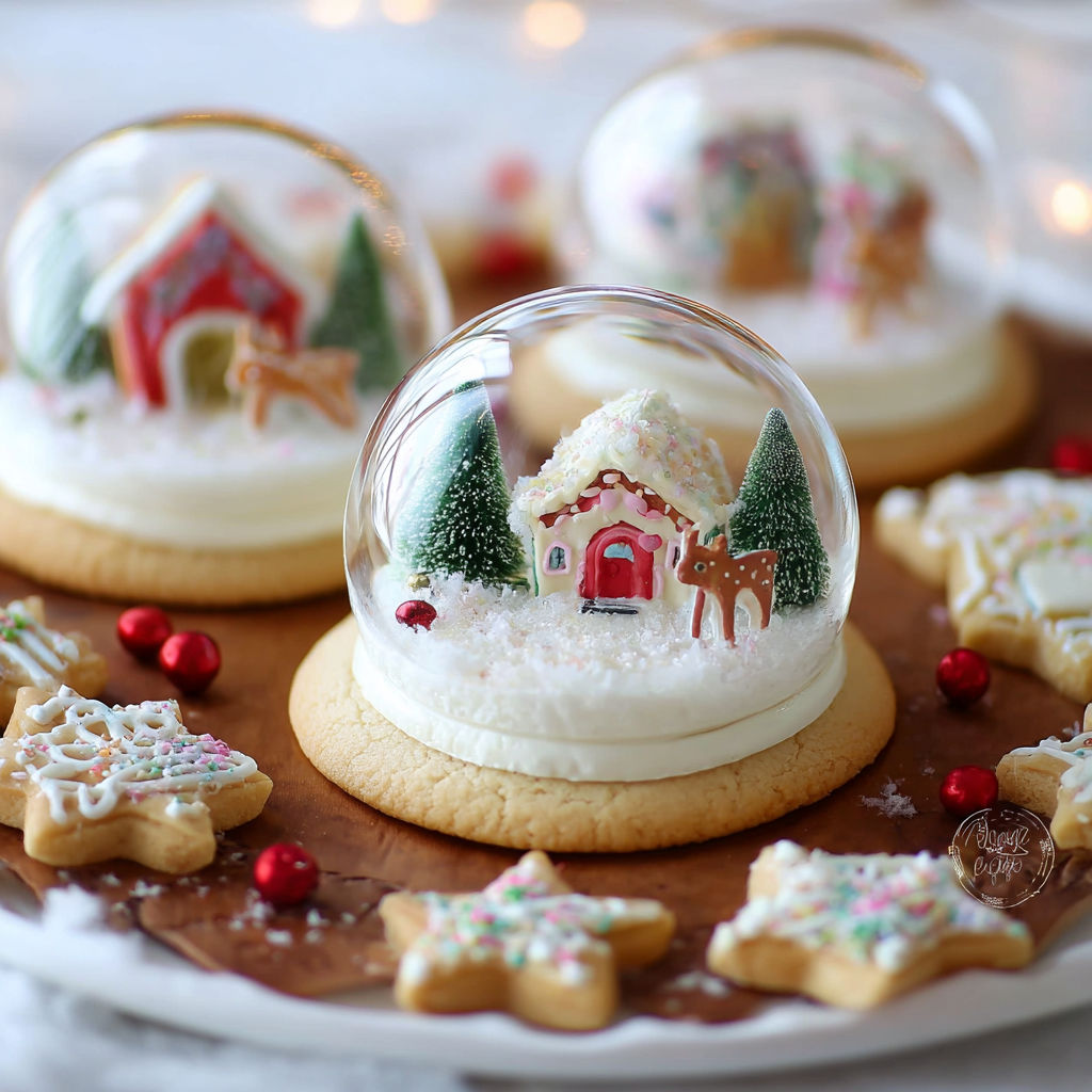 Snow globe cookies with a house and trees.