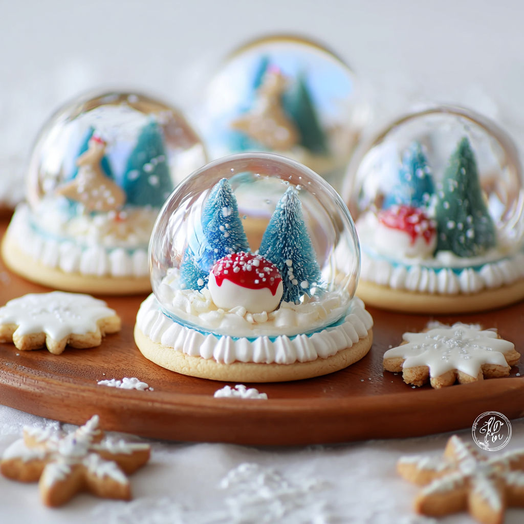 Snow globe cookies on a plate.