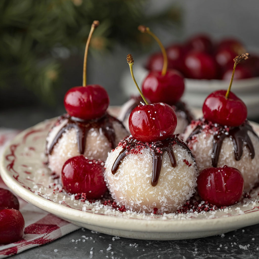 Cherry bombs with chocolate drizzle.