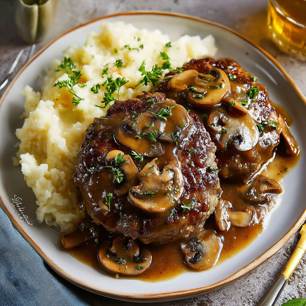 A plate of meat with mushrooms and gravy.