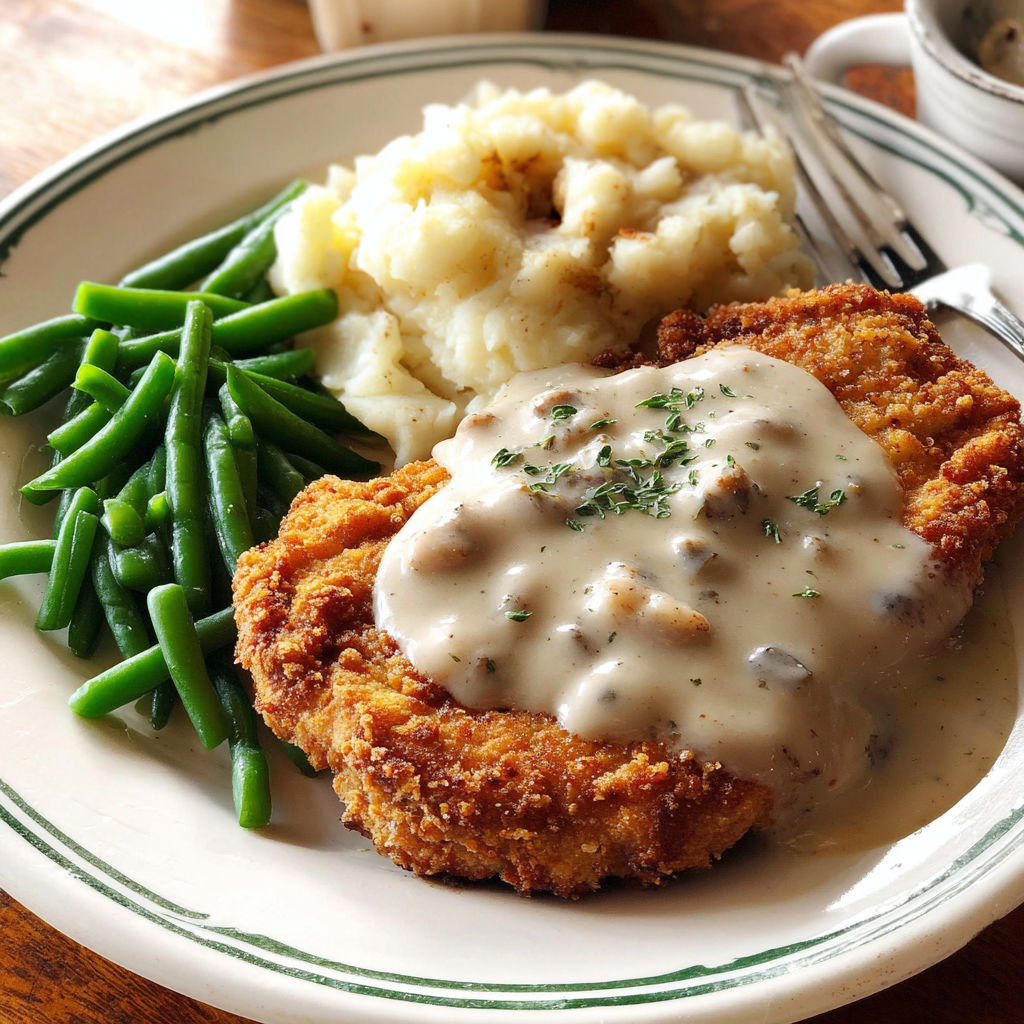 A plate of food with chicken-fried steak and gravy.