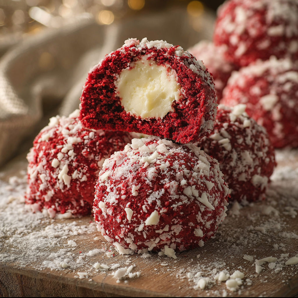 Red velvet snowball cookies with white chocolate filling.